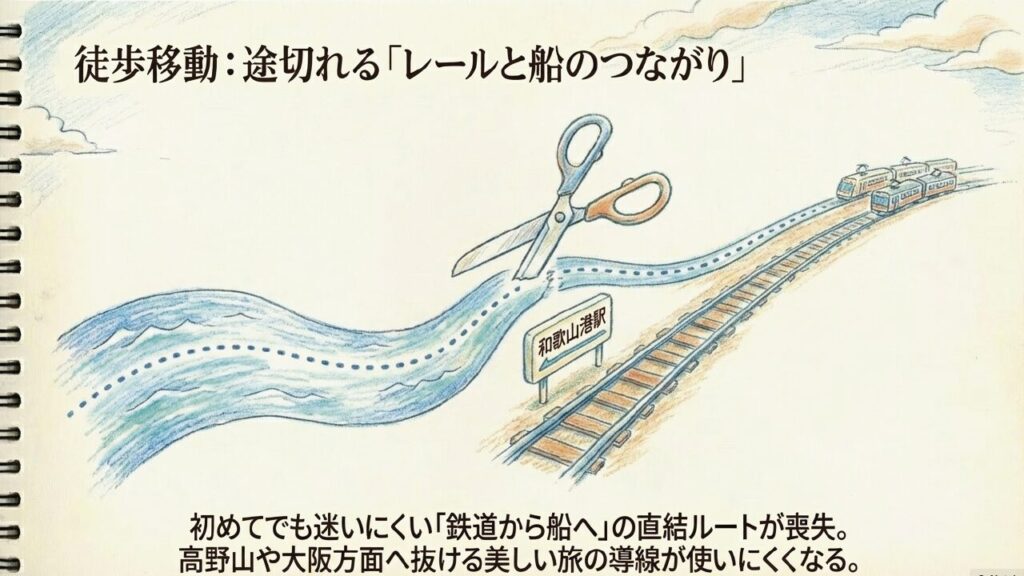 徒歩客への影響 徒歩移動における和歌山港駅での鉄道と船のつながりの喪失