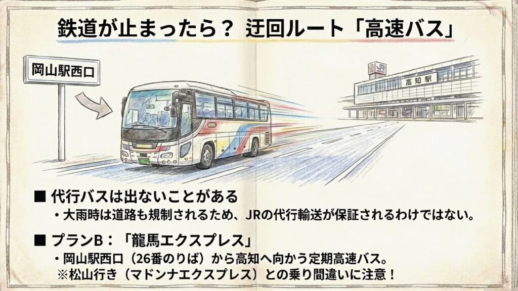 鉄道が止まった際の迂回ルートとなる岡山から高知への高速バス案内