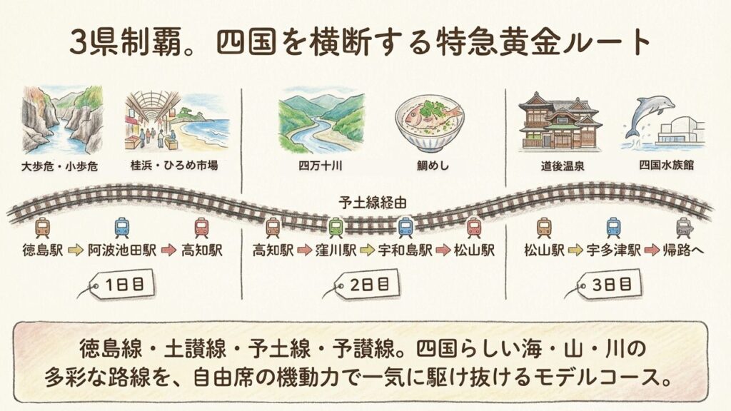徳島発着・四国3県周遊の特急黄金ルート 徳島、高知、愛媛を巡る四国横断の2泊3日黄金ルートと大歩危峡などの風景イラスト