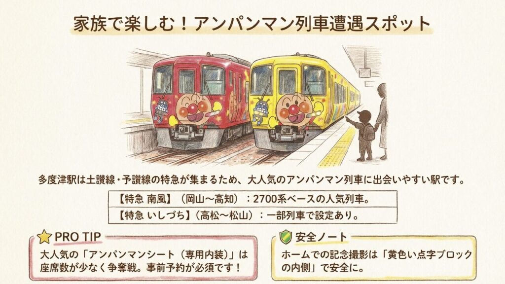 家族で楽しむ多度津駅でのアンパンマン列車遭遇スポット。ホームでの記念撮影の安全ルール。