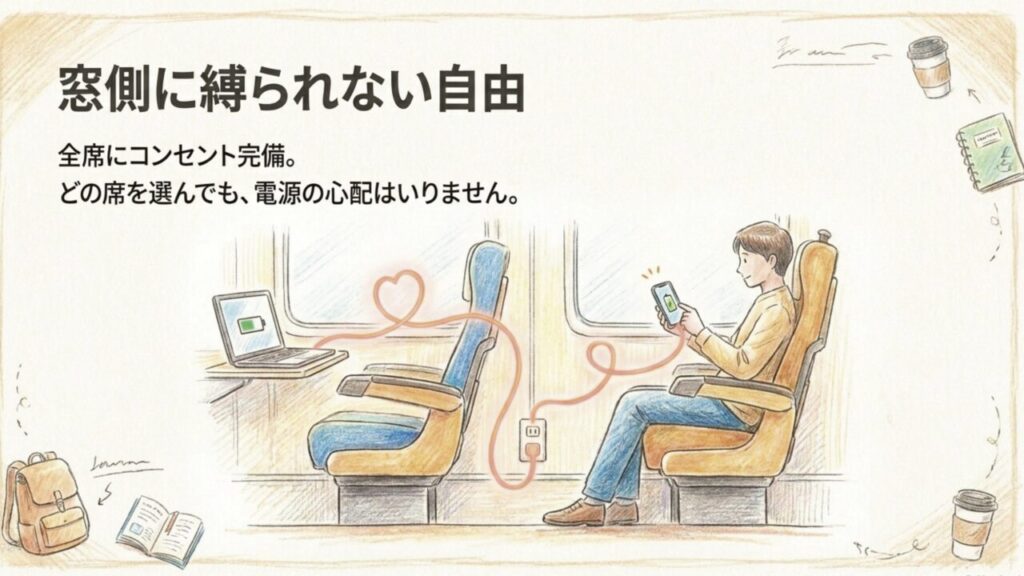 2600系の全席コンセントを利用してスマホを充電するイラスト