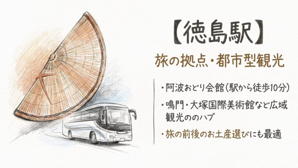 阿波おどり会館や広域観光のハブとなる徳島駅