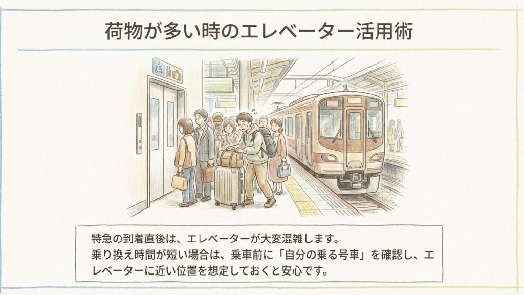 宇多津駅のエレベーター混雑対策 荷物が多い時のエレベーター活用術。特急到着直後は混雑するため乗車位置の確認が重要