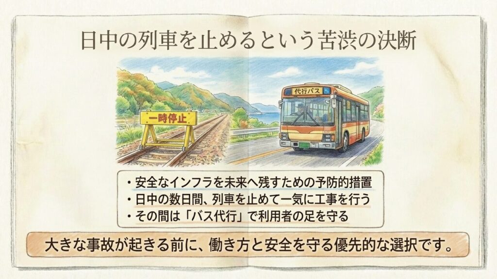 踏切の一時停止と代行バスが走るイラスト