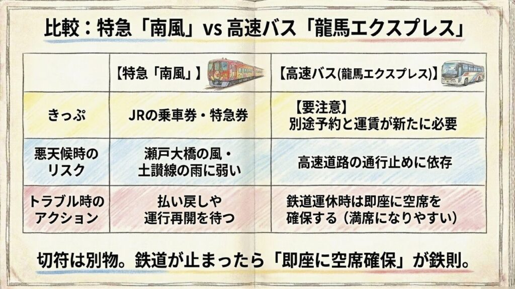 特急南風と高速バス「龍馬エクスプレス」のリスクと対応比較表