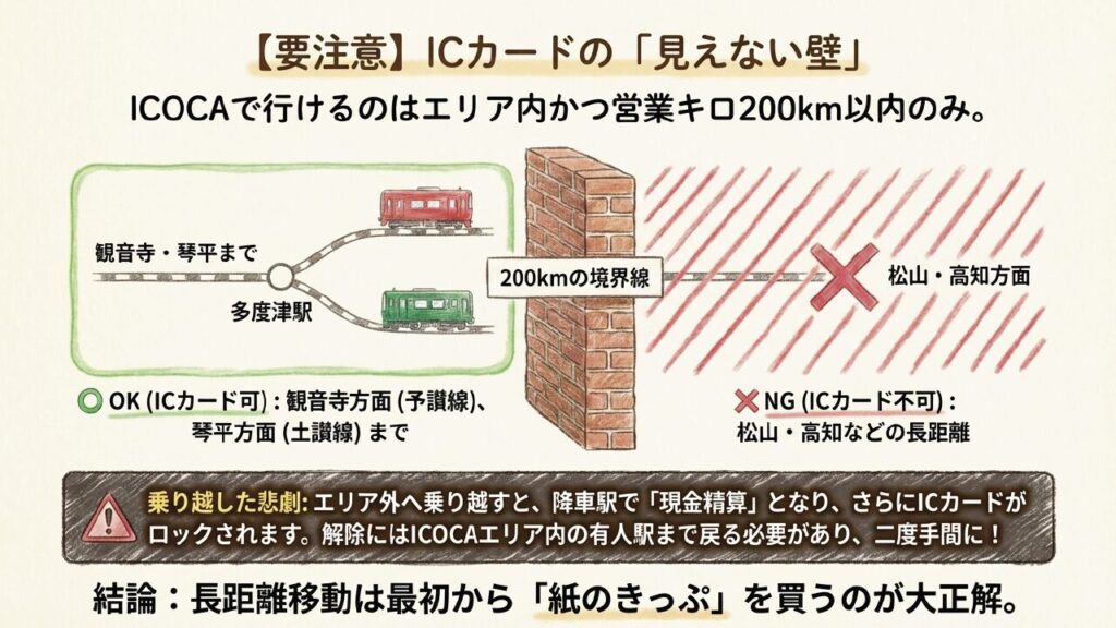 要注意！ICカードの見えない壁。観音寺・琴平までのエリアと、200kmの境界線を超えた高知・松山方面へのNG例。