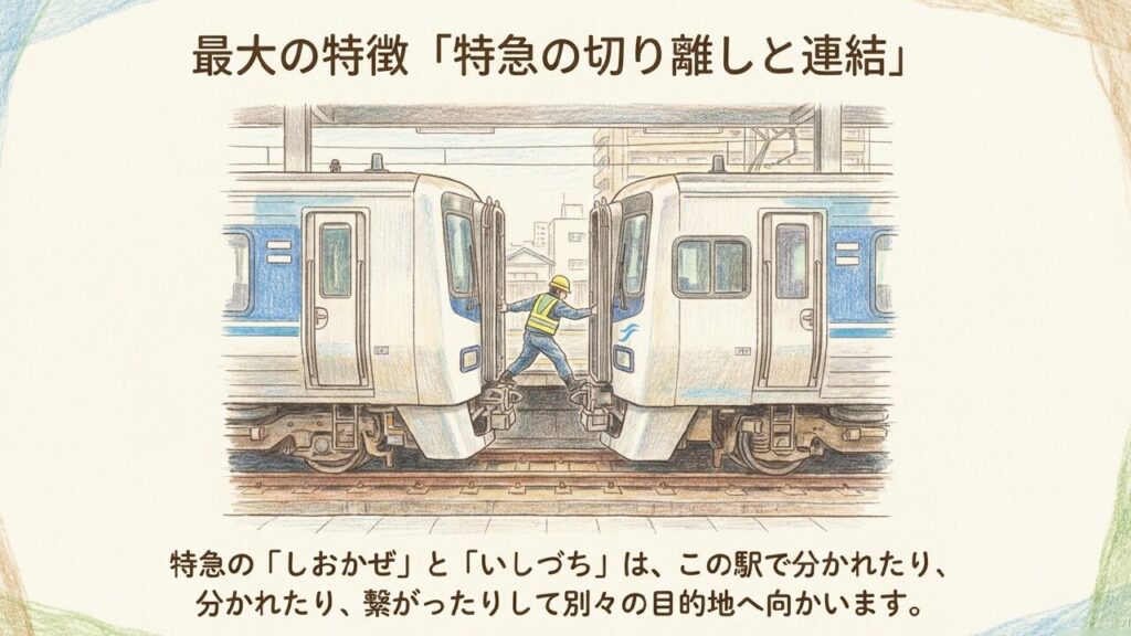 特急しおかぜ・いしづちの切り離し・連結 宇多津駅最大の特徴である特急列車の切り離しと連結の様子