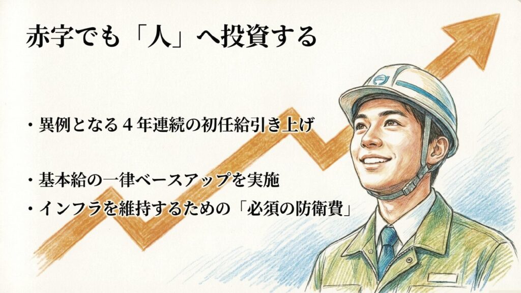 初任給引き上げなど人への投資を解説するスライド