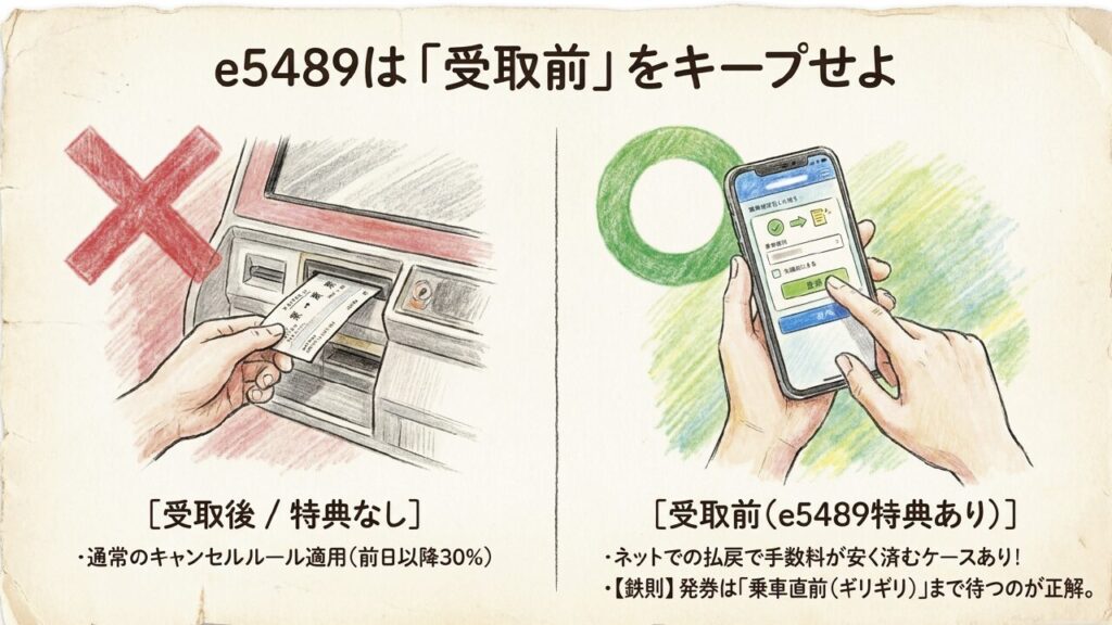 e5489のきっぷは乗車直前まで受取前をキープ