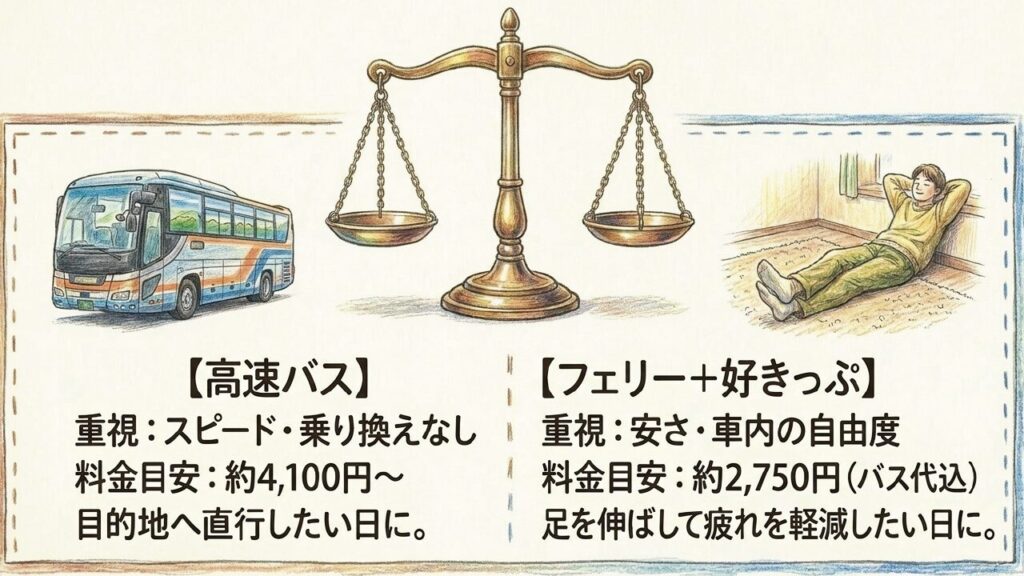 スピード重視の高速バスと、安さ・自由度重視のフェリー＋好きっぷの比較