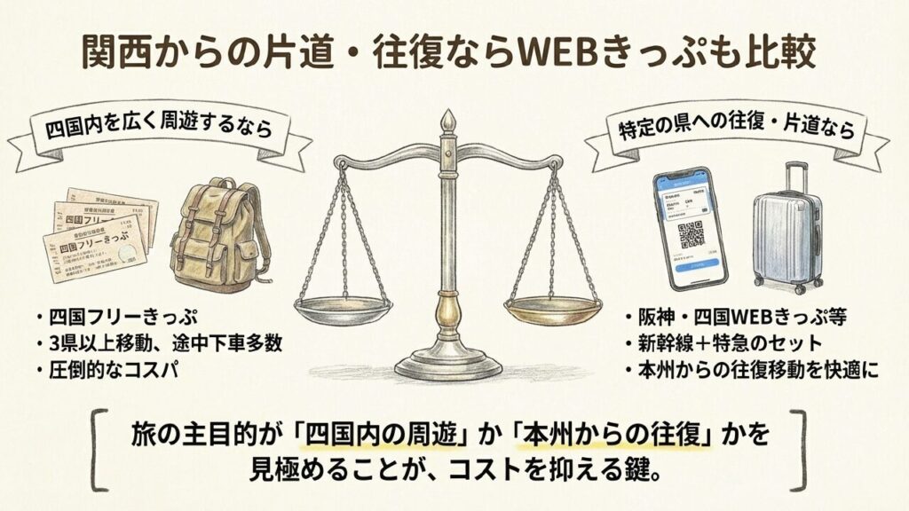 四国周遊フリーきっぷと本州往復WEBきっぷの比較 四国フリーきっぷによる周遊と、阪神・四国WEBきっぷ等の片道・往復利用の天秤イラスト