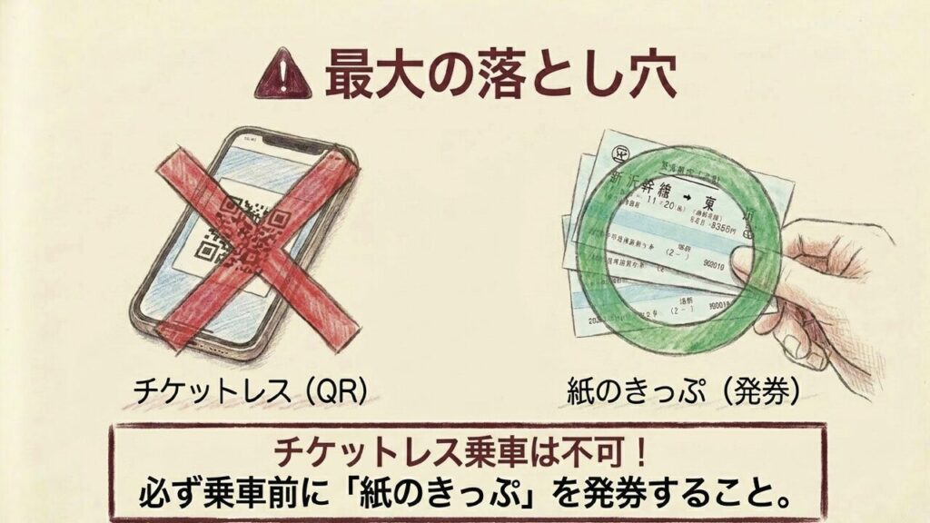 スマートフォンのQRコード乗車は不可、紙のきっぷの発券が必須