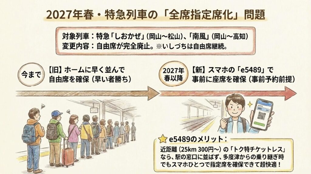 2027年春以降の特急列車の全席指定席化問題。自由席に並ぶ風景からスマホで事前に座席確保するスタイルへの変化。