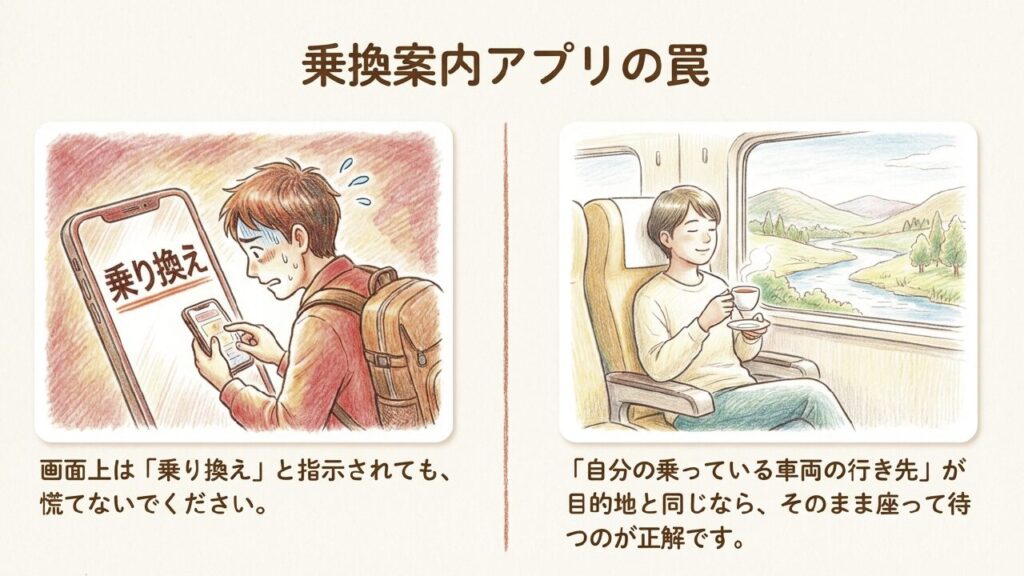 宇多津駅における乗換案内アプリの注意点 乗換案内アプリの罠。画面上で乗り換えと指示されても自分の乗っている車両の行き先が同じならそのまま座って待つ