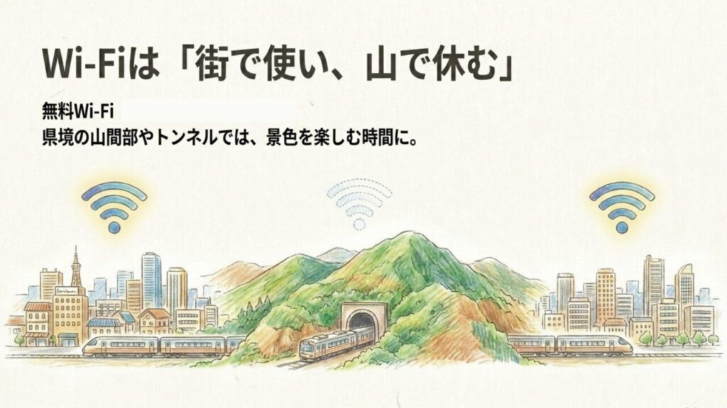 山間部を走る特急うずしおとWi-Fi接続のイメージイラスト