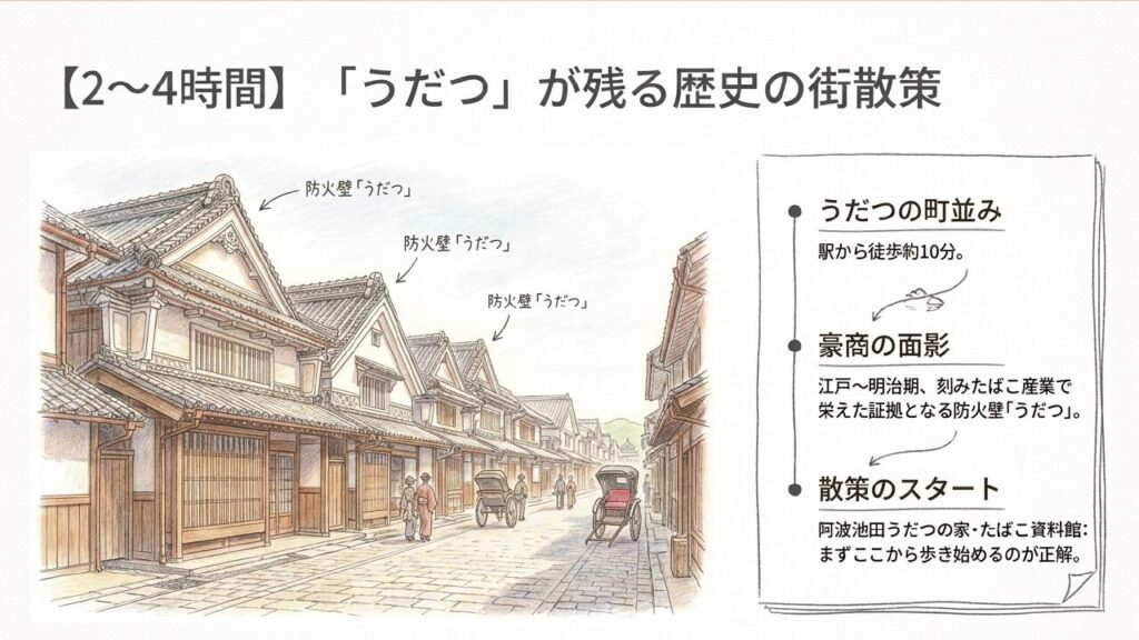 阿波池田駅から徒歩圏内にある歴史的な防火壁「うだつ」の町並み