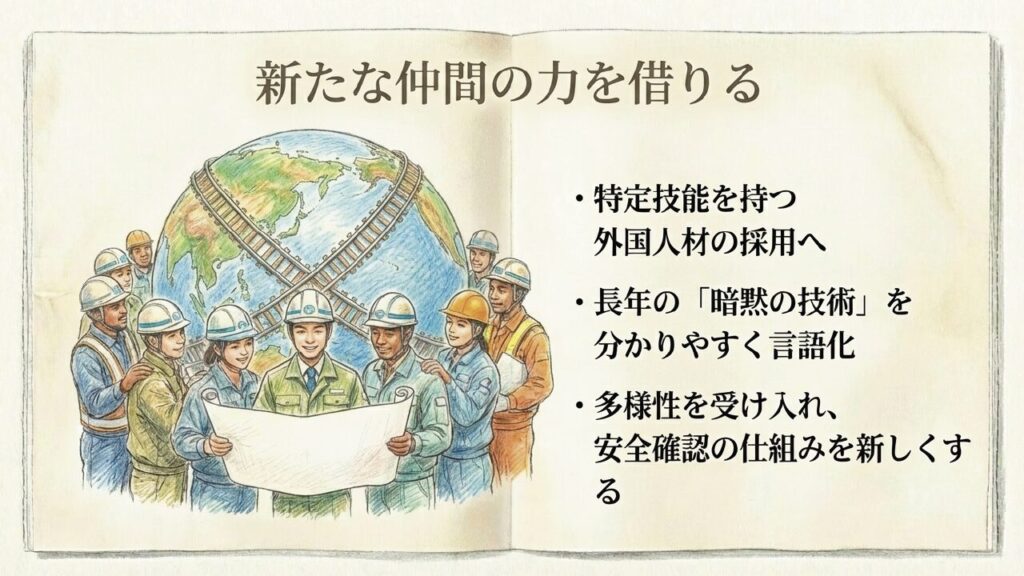 地球を背景に多様な国籍の作業員が集まるイラスト