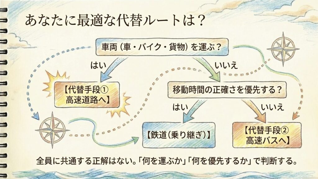 最適な代替ルート選び 車両の有無や優先事項で決める最適な代替ルートのフローチャート