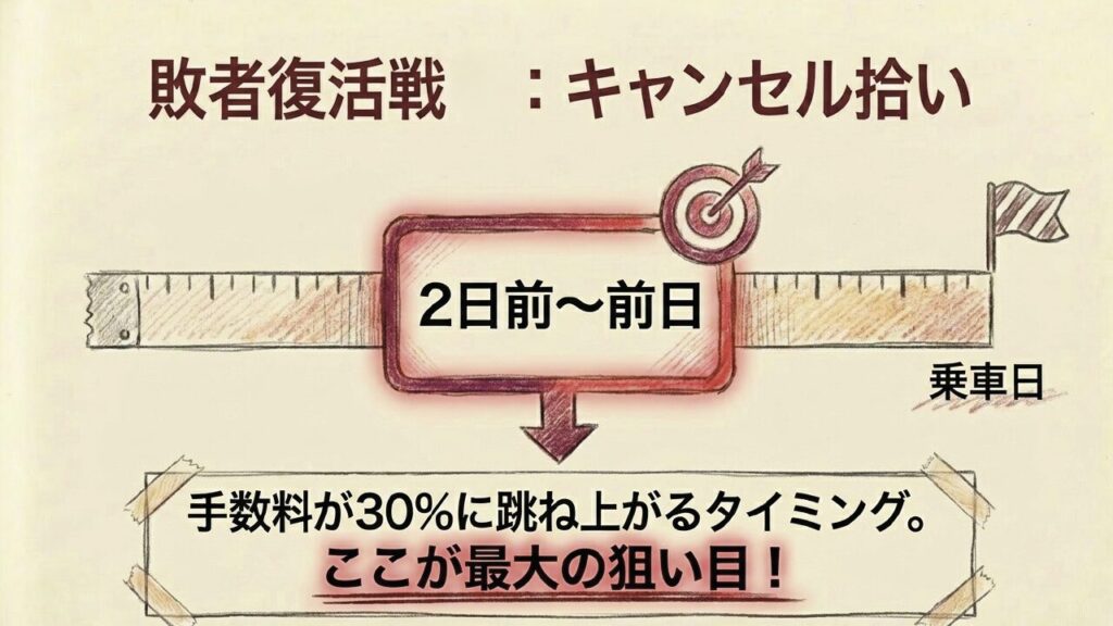 手数料が30%に跳ね上がる2日前から前日がキャンセル拾いの狙い目