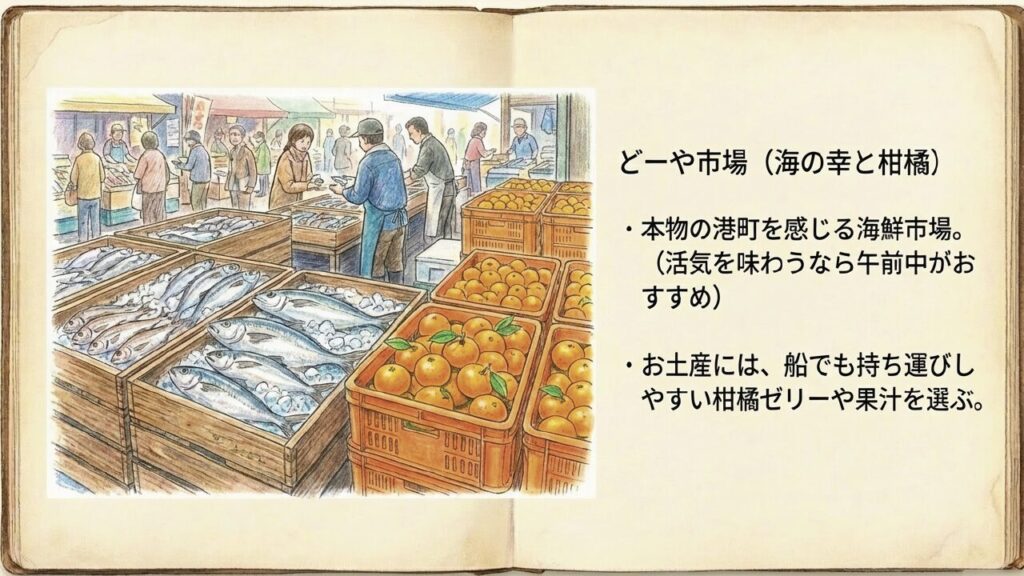 新鮮な海の幸と柑橘が並ぶどーや市場
