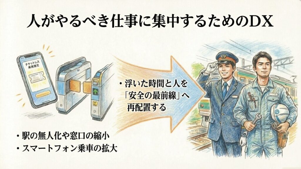 スマホのチケットレス乗車と駅員・作業員のイラスト