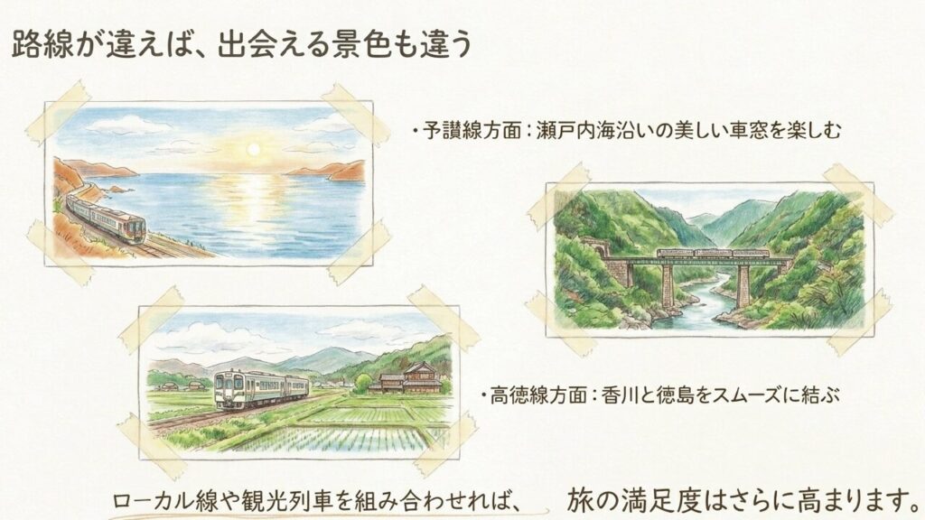 予讃線の海沿いや土讃線の山あいの景色など路線ごとの車窓