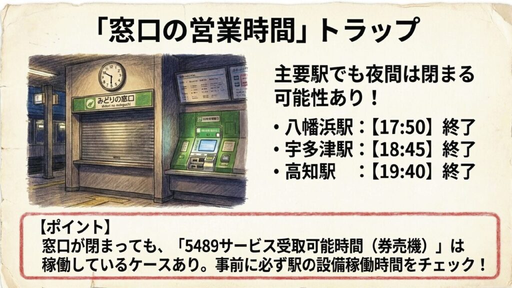 主要駅でもみどりの窓口が夜間閉まるトラップ