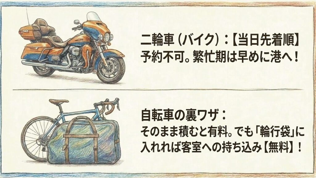 バイクは当日先着順、自転車は輪行袋に入れれば持ち込み無料