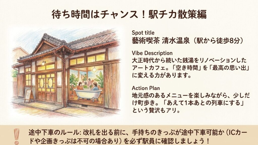 多度津駅から徒歩8分のアートカフェ「藝術喫茶 清水温泉」。大正時代の銭湯をリノベーションした外観と内観のイラスト。