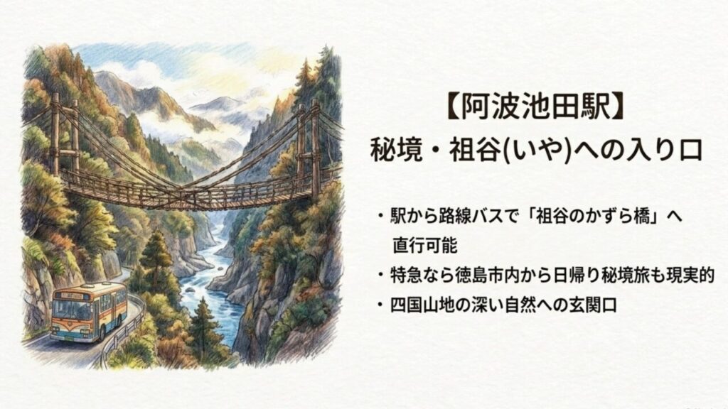 祖谷のかずら橋への直行バスが出る阿波池田駅