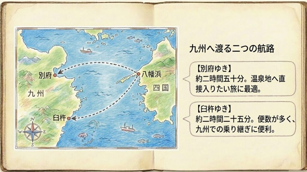 八幡浜から別府・臼杵へ渡る2つのフェリー航路マップ