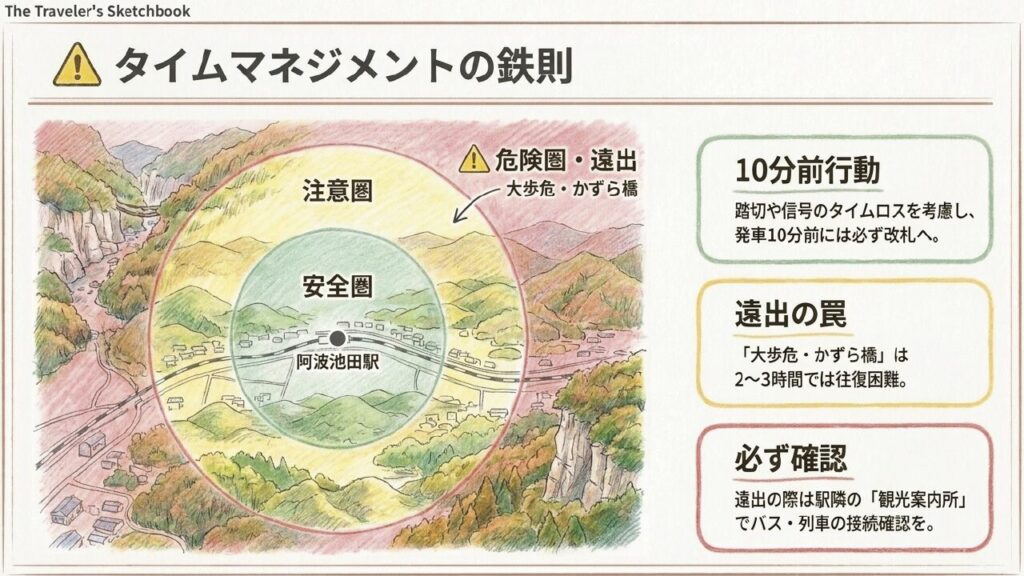 阿波池田駅を中心とした安全圏と注意圏を示すタイムマネジメントマップ