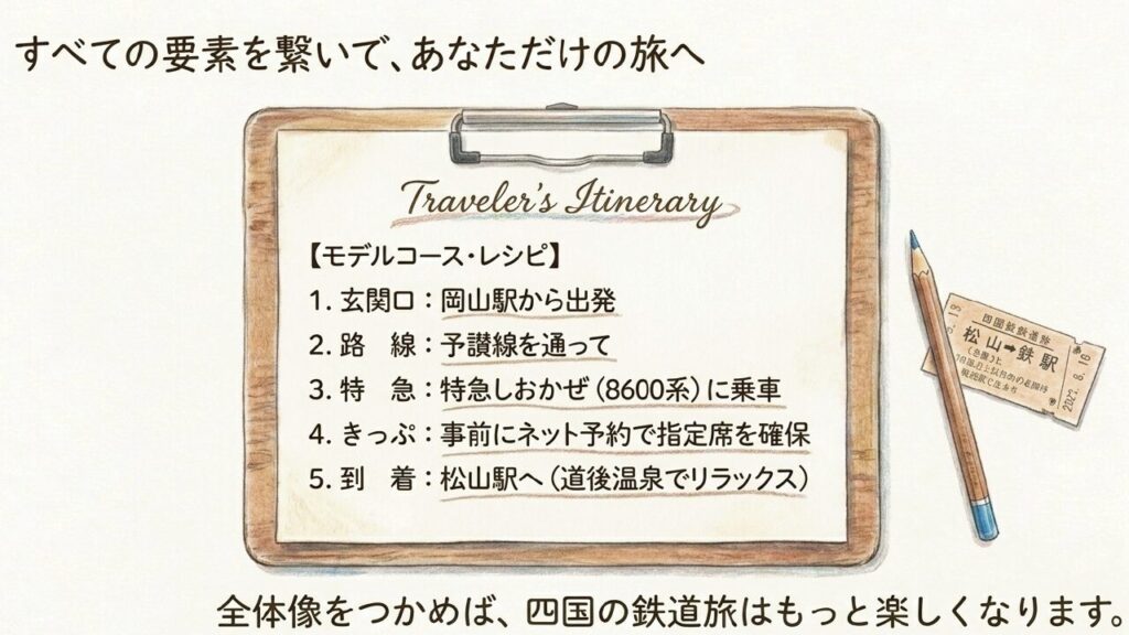 玄関口、路線、特急、きっぷを繋いだモデルコースのイメージ