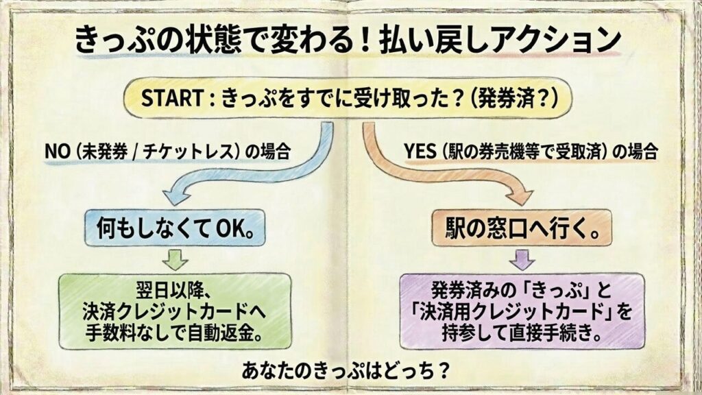 発券済か未発券かで変わるきっぷの払い戻しアクションフローチャート