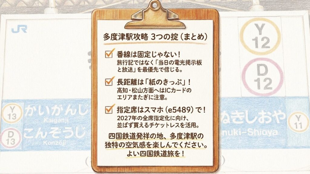 多度津駅攻略3つの掟まとめ。番線確認、長距離は紙のきっぷ、指定席はスマホ予約のポイント。