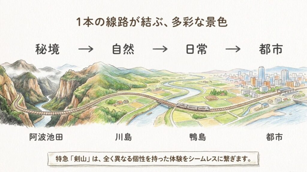 都市から秘境まで多彩な景色を結ぶ徳島線路線図