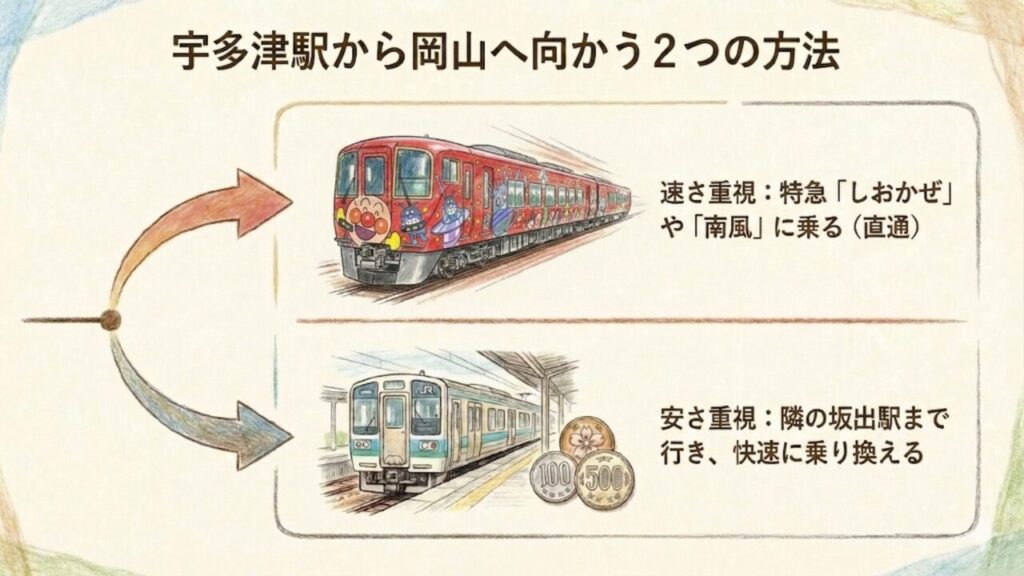 宇多津駅から岡山方面への2つのルート 宇多津駅から岡山へ向かう2つの方法。速さ重視は特急直通、安さ重視は坂出駅まで行き快速乗り換え