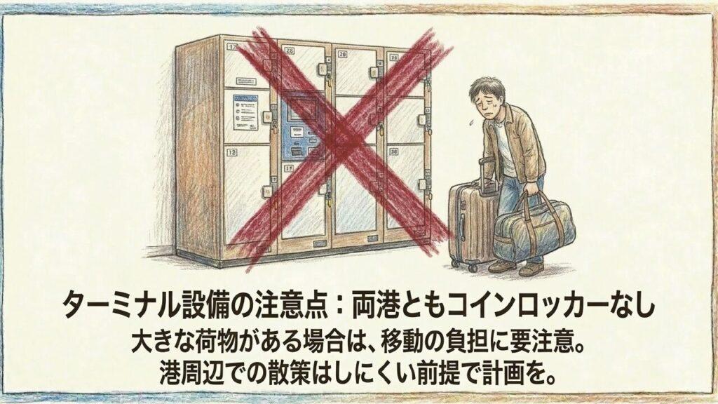 ターミナル設備における注意点。和歌山港・徳島港ともにコインロッカーなし