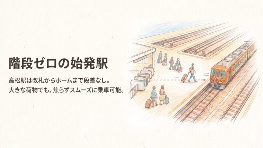 階段ゼロで段差なしの高松駅ホームを歩く旅行者のイラスト