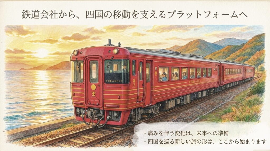 夕陽を背に走る観光列車のイラスト