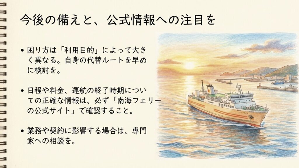 南海フェリーの撤退で困る理由とは?代替手段と今後の影響を解説 1 南海フェリー撤退に向けた今後の備えと公式情報の確認の重要性