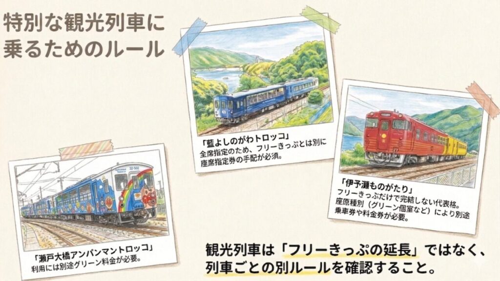 四国の観光列車に乗るための座席指定ルール 徳島、高知、愛媛を巡る四国横断の2泊3日黄金ルートと大歩危峡などの風景イラスト