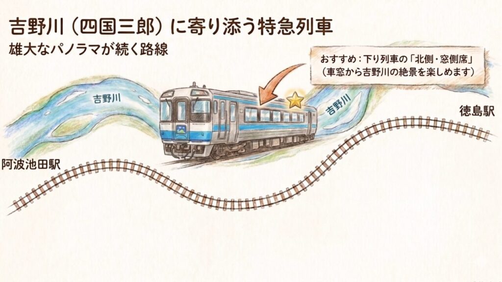 吉野川の絶景を楽しめる下り列車の北側・窓側席