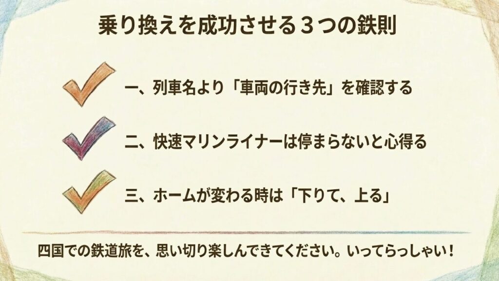 宇多津駅乗り換えの3つの鉄則 乗り換えを成功させる3つの鉄則。車両の行き先確認、マリンライナーは停まらない、ホーム移動は下りて上る