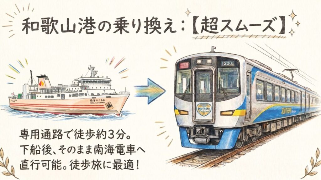 和歌山港の乗り換えは専用通路で徒歩約3分と超スムーズ