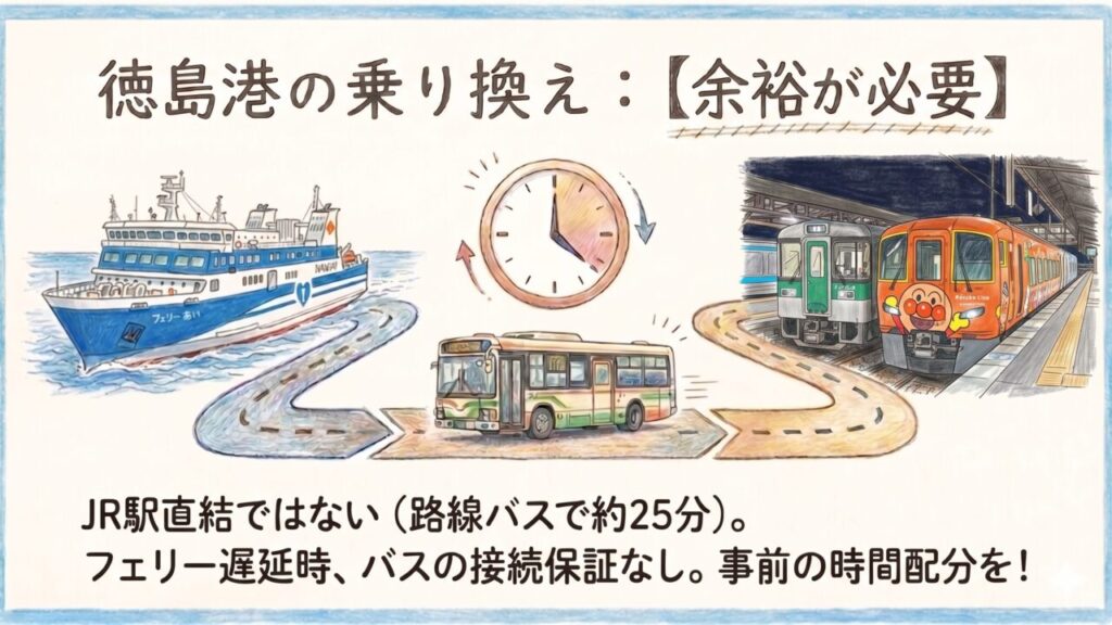 徳島港の乗り換えは路線バスで約25分。フェリー遅延時の接続に注意
