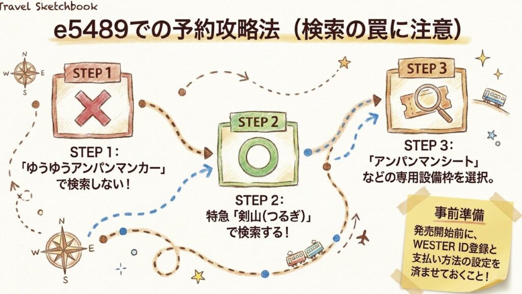 e5489で特急剣山として検索するゆうゆうアンパンマンカーの予約方法