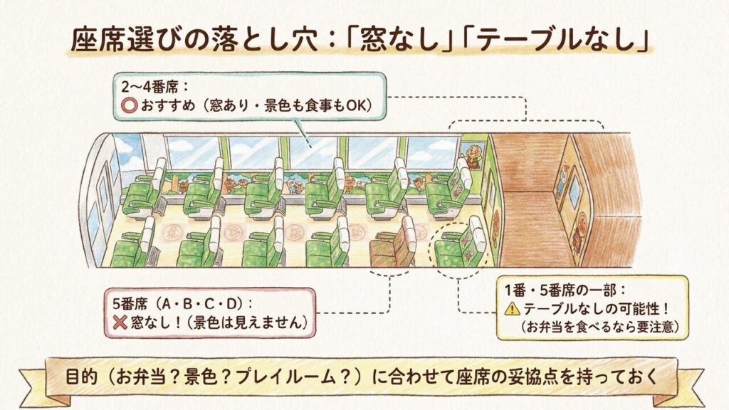 ゆうゆうアンパンマンカーの窓なし席とテーブルなし席の配置図