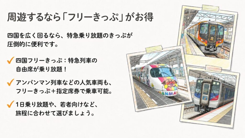 周遊するならフリーきっぷがお得 特急列車の写真が並んだフリーきっぷのイメージ