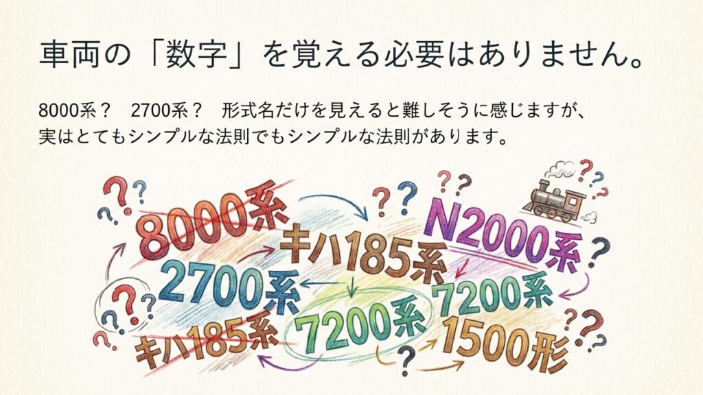 車両の数字とシンプルな法則 車両の数字を覚える必要はなくシンプルな法則があることを伝える解説スライド。